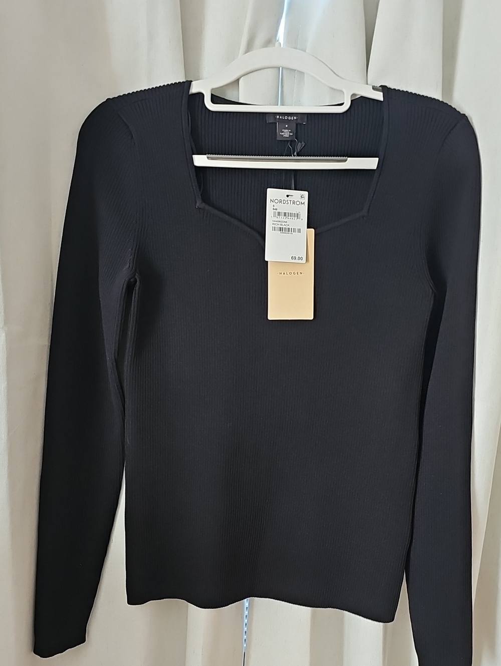 Halogen Black Ribbed Long-Sleeve Square Neck Top